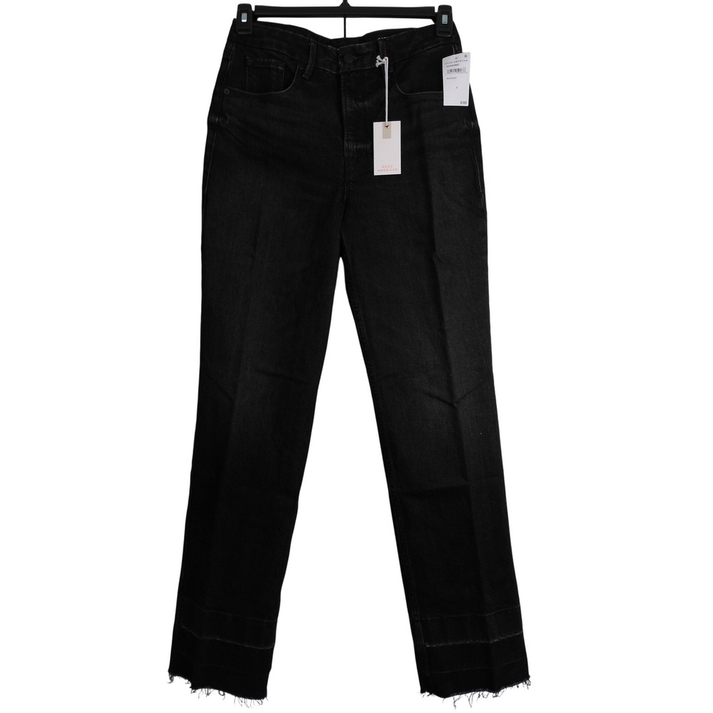 Good American Good Icon High Rise Straight Leg Jeans Black Raw Hem Size 8 NWT